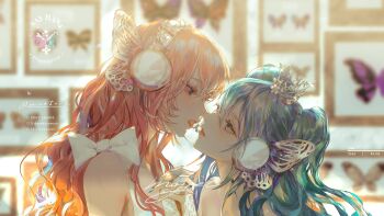2girls anniversary bare_shoulders blue_hair blue_nails blurry blurry_background bow brown_hair bug butterfly commentary crown depth_of_field dress eye_contact fingernails framed_insect glint gloves green_eyes hair_between_eyes hand_up hatsune_miku headphones headset highres holding_hands imminent_kiss insect interlocked_fingers lace lace_gloves long_hair looking_at_another magnet_(vocaloid) megurine_luka mini_crown multiple_girls nail_polish parted_lips profile red_lips say_hana sleeveless sleeveless_dress song_name two_side_up upper_body vocaloid white_bow white_dress white_gloves yuri