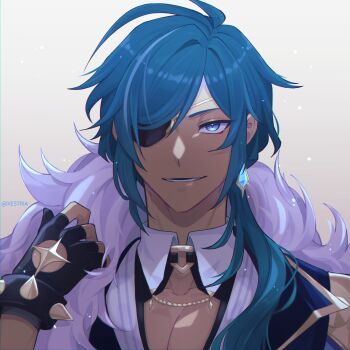 1boy black_gloves blue_eyes blue_hair collarbone commentary dark-skinned_male dark_skin detached_collar earrings english_commentary eyepatch fingerless_gloves fur_trim genshin_impact gloves highres jewelry kaeya_(genshin_impact) looking_at_viewer male_focus one_eye_covered parted_bangs parted_lips piercing shirt side_ponytail smile solo upper_body white_fur white_shirt wing_collar xestria