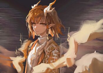 Rule 34 | 1girl, arknights, blunt bangs, braid, brown eyes, brown hair, chinese clothes, chinese commentary, closed mouth, commentary request, dragon girl, dragon horns, earrings, eyeliner, grey background, highres, horns, jewelry, jie (arknights), looking at viewer, makeup, multicolored hair, orange eyeliner, pointy ears, shawl, short hair, slit pupils, smile, solo, upper body, xian xy