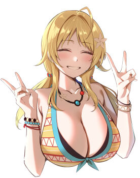 1girl absurdres bead_bracelet beads bikini black_bikini blush bracelet breasts closed_eyes double_v flower grin hachimiya_meguru hair_flower hair_ornament highres idolmaster idolmaster_shiny_colors jewelry large_breasts layered_bikini long_hair multicolored_bikini necklace side-tie_bikini_bottom smile solo swimsuit v yellow_bikini yoshimoto_(carpsukidayo)