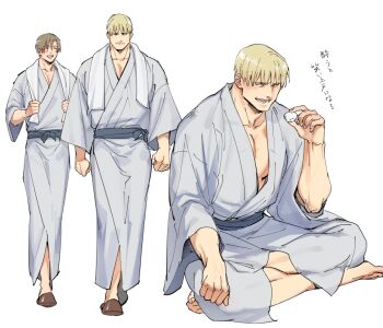 2boys bara barefoot blonde_hair blue_kimono blush brown_hair closed_eyes closed_mouth food holding holding_food indian_style jack_krauser japanese_clothes kimono leon_s._kennedy male_focus messy_hair multiple_boys muscular muscular_male open_mouth resident_evil resident_evil:_the_darkside_chronicles resident_evil_4 sash short_hair simple_background sitting slippers smile tatsumi_(psmhbpiuczn) towel towel_around_neck translation_request