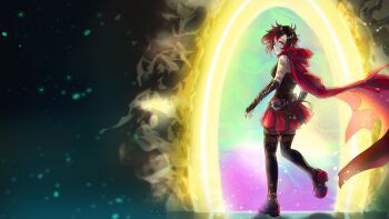 1girl absurdres belt black_hair boots breasts cape commentary commission corset english_commentary fingerless_gloves gloves grey_eyes highres long_sleeves looking_back medium_breasts miku_(mikururun) multicolored_hair red_cape red_hair red_skirt ruby_rose rwby short_hair skirt smile solo thigh_boots walking