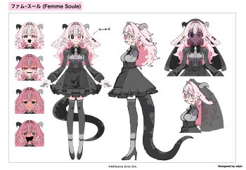 1girl absurdres animal_ears apron asymmetrical_horns backward-facing_horns bell black_apron black_bow black_bowtie black_eyes black_horns black_shoes black_skirt black_sleeves black_thighhighs black_veil bow bowtie commentary_request cross-shaped_pupils expression_chart expressionless femme_soule floppy_ears frilled_skirt frills gloves goat_ears goat_horns grey_shirt hair_intakes heterochromia high_heels highres horns juliet_sleeves long_sleeves looking_at_viewer mismatched_horns mismatched_pupils multicolored_hair neck_bell notched_ear odyk open_mouth pink_eyes pink_hair puffy_sleeves pukey_goddess_shot_trick reference_sheet second-party_source shirt shoes sidelocks skirt smile streaked_hair symbol-shaped_pupils thighhighs veil white_gloves white_streaks