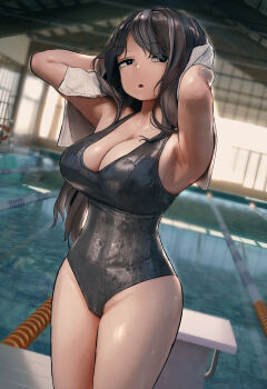 1girl absurdres arms_up black_eyes black_hair black_one-piece_swimsuit breasts cleavage drying drying_hair highres indoors large_breasts looking_at_viewer mejikara_scene one-piece_swimsuit original pool swimsuit towel