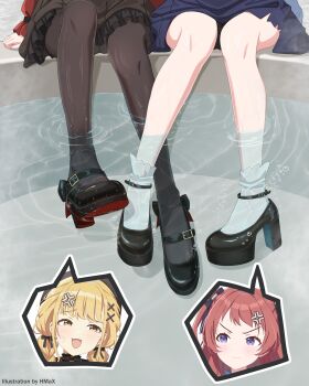 absurdres anger_vein bathtub blonde_hair bubble fang frilled_socks frills fujita_kotone gakuen_idolmaster hair_ribbon hanami_saki highres hmax idolmaster leg_focus legs mary_janes pantyhose partially_submerged pink_hair pleated_skirt purple_eyes ribbon shoes sitting skirt socks thighs water wet wet_clothes yellow_eyes