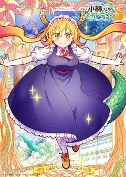 Rule 34 | 2girls, blush, bottle, breasts, city, closed eyes, dot nose, dragon, dress, english text, eye contact, flying, frilled gloves, frills, gloves, green tail, holding, holding bottle, horns, japanese text, kobayashi-san chi no maidragon, kobayashi (maidragon), large breasts, long hair, looking at another, looking at viewer, maid, moon, multiple girls, official art, orange eyes, orange hair, outdoors, shoes, slit pupils, smile, socks, solo focus, tail, tohru (maidragon), twintails, white gloves, wings