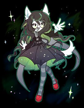 1girl absurdres animal_ears black_dress black_hair black_hood dog_ears dog_tail dress full_body god_tier_(homestuck) green_dress green_eyes green_hair highres homestuck hood hood_down jade_harley long_hair maengnyeom multicolored_hair open_mouth pantyhose red_shoes round_eyewear shoes smile solo space streaked_hair striped_clothes striped_pantyhose tail two-sided_dress two-sided_fabric very_long_hair