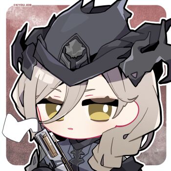 1girl black_hat blonde_hair bright_pupils chibi chibi_only chinese_commentary commentary_request duet_night_abyss gun hair_between_eyes hat highres holding holding_gun holding_weapon kyou_039 looking_at_viewer lynn_(duet_night_abyss) parted_lips smoke smoking_barrel solo twitter_username upper_body weapon white_pupils yellow_eyes