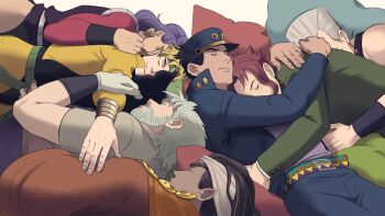 6+boys bad_id bad_tumblr_id beard black_hair blonde_hair coat dio_brando earrings closed_eyes facial_hair gloves grey_hair hat headband hug hug_from_behind jean_pierre_polnareff jewelry jojo_no_kimyou_na_bouken joseph_joestar joseph_joestar_(old) kakyoin_noriaki kuujou_joutarou male_focus mohammed_avdol morphin_e multiple_boys pillow purple_hair red_hair sleeping smile vanilla_ice white_gloves