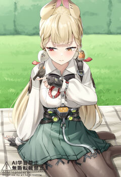 1girl absurdres alice_thymefield animal_ears belt bird bird_on_hand black_belt black_gloves black_pantyhose blonde_hair blush breasts closed_mouth collared_shirt cyclone_tarou gloves grass green_skirt hair_ornament heterochromia highres large_breasts long_hair looking_at_viewer low_twintails pantyhose rabbit_ears rabbit_girl red_eyes shirt skirt solo sphere_hair_ornament twintails very_long_hair white_shirt yellow_eyes zenless_zone_zero