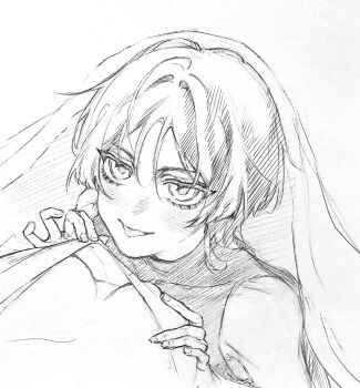 1boy 1girl armpit_crease bishounen blunt_ends blush bodysuit breasts choppy_bangs cleavage clothes_pull collarbone covered_collarbone cowlick curled_fingers eyelashes female_pov fingernails genshin_impact graphite_(medium) greyscale hacwss hair_intakes hands_on_another&#039;s_chest hatching_(texture) hetero highres linear_hatching looking_at_viewer monochrome pov scaramouche_(genshin_impact) shared_blanket shirt_pull sketch small_breasts tongue tongue_out traditional_media tsurime under_covers white_background