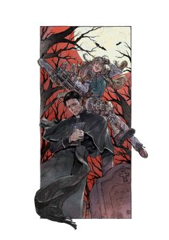 Rule 34 | 12v, 1boy, 1girl, ahoge, bare tree, bat (animal), bible (object), black hair, book, border, braid, brooch, chainsaw, collared shirt, commission, full body, full moon, goggles, goggles on head, green vest, grey hair, gun, highres, holding, holding book, jewelry, looking at viewer, moon, night, open mouth, original, pointy ears, priest, prosthesis, prosthetic leg, red eyes, red sky, shirt, short hair, skeb commission, sky, tombstone, tree, vest, weapon, white border