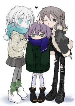3girls :o agoshi_sakina alternate_costume aran_sweater black_boots black_pants black_shoes blue_eyes blue_scarf boots brown_eyes cable_knit closed_mouth combat_boots full_body green_eyes green_socks grey_hair grey_jacket hair_horns hand_on_another's_head hands_in_pockets heart height_difference highres hitonatz hood hooded_jacket jacket long_hair looking_at_viewer loose_socks multiple_girls null-meta one_eye_closed open_clothes open_jacket open_mouth pants pantyhose purple_hair scarf shinohara_kogome shoes short_hair short_twintails simple_background smile socks standing sweater takada_shiyuki thighhighs torn_clothes torn_pants twintails v white_background white_hair white_shoes white_sweater white_thighhighs winter_clothes