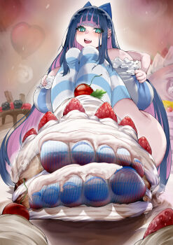 1girl :d aqua_eyes blue_hair blue_nails blush breasts chinese_commentary commentary_request feet food_on_foot foot_focus highres huge_breasts long_hair moejin nail_polish open_mouth paid_reward_available panty_&amp;_stocking_with_garterbelt pink_hair sitting smile solo stocking_(psg) striped_clothes striped_thighhighs teeth thighhighs toenail_polish toenails very_long_hair
