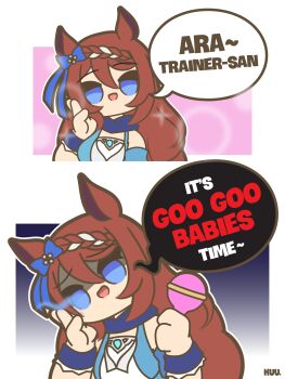 1girl absurdres animal_ears ara_ara blue_dress blue_eyes blue_scarf blue_wrist_cuffs bow braid breasts brown_hair chibi dress ear_bow eye_trail goo_goo_babies_(meme) hair_between_eyes hand_on_own_cheek hand_on_own_face highres holding holding_rattle horse_ears horse_girl kuhl-notes light_trail long_hair looking_at_viewer meme multicolored_hair open_mouth rattle scarf smile speech_bubble streaked_hair super_creek_(murmuring_stream)_(umamusume) super_creek_(umamusume) umamusume very_long_hair white_hair wrist_cuffs