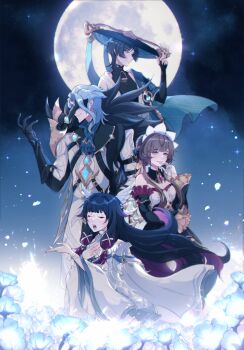 2boys 2girls absurdres anemo_symbol_(genshin_impact) angel_wings armor ascot asymmetrical_sleeves belt bird_mask black_belt black_bodysuit black_bridal_gauntlets black_collar black_dress black_gloves black_hair black_mask black_sleeves blue_ascot blue_cape blue_collar blue_eyes blue_flower blue_gemstone blue_hair blue_hat blue_sleeves blunt_bangs blunt_ends bodysuit bow breasts bridal_gauntlets brown_hair cape chest_belt clear_sky cleavage coat collar colored_inner_hair columbina_(genshin_impact) covered_collarbone cowlick curled_fingers detached_collar detached_sleeves diffraction_spikes dottore_(genshin_impact) dress elbow_gloves eye_mask eyelashes eyeliner eyes_visible_through_eyewear eyeshadow facing_to_the_side feathered_wings feathers field flower flower_field frilled_sleeves frills full_moon fur_collar furisode gem genshin_impact gloves gold gold_ring hair_bow hair_intakes hair_ornament hair_ribbon hair_tubes half_gloves hand_on_own_chest hand_up hat head_wings headdress height_difference high_collar highres japanese_armor japanese_clothes jingasa kimono kote kurokote layered_sleeves lipgloss long_hair looking_at_viewer makeup mandarin_collar mask middle_ring moon moonlight multicolored_hair multiple_boys multiple_girls nyympha open_clothes open_kimono open_mouth outdoors pink_lips pink_nails pom_pom_(clothes) purple_hair purple_nails red_eyeliner red_eyeshadow red_gemstone ribbon sandrone_(genshin_impact) scaramouche_(genshin_impact) short_hair short_hair_with_long_locks short_sleeves shoulder_peek sidelocks sideways_mouth sky smirk star_(sky) starry_sky swept_bangs teeth tilted_headwear tress_ribbon tsurime underbust vambraces very_long_hair vision_(genshin_impact) wanderer_(genshin_impact) white_bow white_coat white_collar white_dress white_gloves white_kimono white_mask white_mouth white_ribbon white_sleeves white_trim white_wings wing_hair_ornament wings yellow_bow yellow_feathers