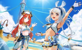 2girls aqua_eyes arm_up armpits black_horns blue_hairband blue_skirt blue_sky braid breasts bright_pupils brooch brown_eyes closed_mouth cloud commentary_request day detached_sleeves fake_horns fingerless_gloves genshin_impact gloves grey_hair hairband hand_up harem_outfit highres horns jewelry long_hair looking_at_viewer midriff mualani_(genshin_impact) multiple_girls navel nilou_(genshin_impact) open_mouth outdoors puffy_detached_sleeves puffy_sleeves skirt sky small_breasts smile suhoi_(berg) teeth upper_teeth_only veil waving white_gloves white_pupils white_veil