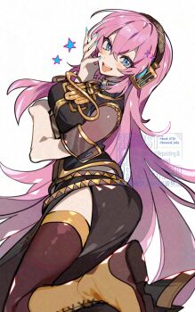 1girl adversarial_noise arm_under_breasts armband black_shirt black_skirt black_thighhighs blue_eyes blue_nails boots breasts commentary from_side gold_trim headphones highres kawasaki_(kwsk_8765) knee_boots lace-up_boots long_hair long_skirt looking_at_viewer medium_breasts megurine_luka open_mouth pink_hair shirt shoe_soles short_sleeves side_slit skirt smile solo star_(symbol) teeth thighhighs twitter_username upper_teeth_only very_long_hair vocaloid watermark white_background