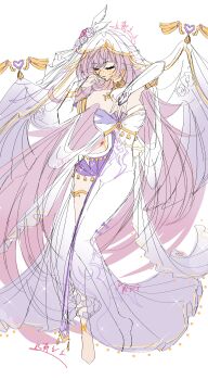 1girl absurdres adapted_costume barefoot bell breasts bridal_gauntlets chinese_commentary closed_eyes commentary_request commission crop_top elf elysia_(herrscher_of_human:_ego)_(honkai_impact) elysia_(honkai_impact) feet highres honkai_(series) honkai_impact_3rd large_breasts leotard leotard_under_clothes long_hair midriff mouth_veil navel pink_hair pointy_ears simple_background skirt solo veil very_long_hair white_background white_skirt white_veil yu_diandian