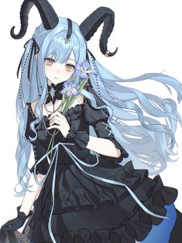 1girl absurdres arknights bang_dream! bang_dream!_it&#039;s_mygo!!!!! black_dress black_gloves black_horns black_ribbon blue_flower blue_hair bouquet chinese_commentary closed_mouth commentary_request cowboy_shot curled_horns detached_collar dress expressionless floating_hair flower frilled_dress frills gloves hair_ribbon highres holding holding_bouquet holding_flower horn_ornament horn_ring horns long_hair looking_at_viewer ribbon sidelocks simple_background single_glove skirt_hold solo standing togawa_sakiko togawa_sakiko_(master_of_melodia) two_side_up white_background wrist_cuffs ye_ye_dong_bing yellow_eyes