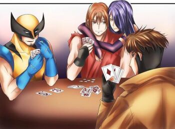 1girl 3boys animification between_fingers capcom card cigarette dougi flirting gambit gradient_background hair_between_eyes holding holding_card holding_cigarette hug ken_masters like long_hair marvel marvel_vs._capcom marvel_vs._capcom_2 mask money multiple_boys playing_card playing_games psylocke self-upload smile smoking street_fighter wolverine_(x-men) x-men