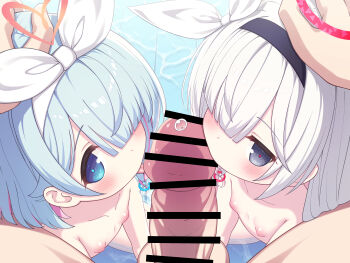 1boy 2girls absurdres arona_(blue_archive) bar_censor blue_archive blue_eyes blue_hair censored commentary_request cooperative_fellatio fellatio ffm_threesome group_sex hair_over_one_eye hairband hetero highres licking licking_penis loli looking_at_viewer multiple_girls nipples nude oral penis plana_(blue_archive) pov sasakura_momiji teamwork_(sexual) threesome variant_set white_hair