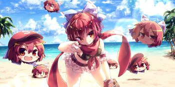 1girl alternate_costume ball baseball baseball_glove beach bikini bikini_top_only black_bikini blush blush_stickers bow breasts closed_mouth cloud commentary day disembodied_head english_commentary floating_head game_cg hair_bow hat highres holding holding_ball isu_(is88) looking_at_viewer navel ocean official_art open_mouth outdoors palm_tree purple_bow red_eyes red_hair red_scarf ribbon-trimmed_bow ribbon_trim sand scarf sekibanki sekibanki_(dullahan_on_the_beach) shorts side-tie_bikini_bottom sky smile solo swimsuit third-party_source touhou touhou_lostword tree