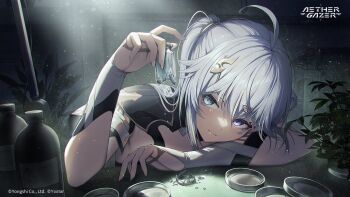 1girl aether_gazer ahoge amano_misaki bottle broken_bottle character_request closed_mouth copyright_logo copyright_notice facial_mark grey_eyes grey_hair hair_ornament heterochromia holding holding_bottle logo long_hair plant ponytail purple_eyes second-party_source solo