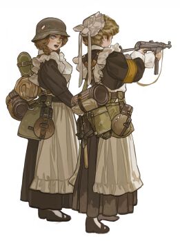 absurdres aiming apron backpack bag bedroll black_dress blonde_hair braid brown_hair canteen dress folding_stock frilled_apron frills gun helmet highres long_dress maid maid_apron maid_headdress mp40 original submachine_gun twin_braids victorian victorian_maid weapon white_apron white_background xia_finger