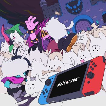 1boy 1girl 1other :3 annoying_dog antenna_hair armlet black_footwear black_hair blue_skin bone bracelet castle cloud cloudy_sky colored_skin deltarune dog green_hat green_robe handheld_game_console hat headpat highres houten_(dre_a_mer) jewelry joy-con kris_(dark_world)_(deltarune) kris_(deltarune) mouth_hold multiple_dogs nintendo_switch petting pink_scarf pink_skin purple_hair ralsei ralsei_(hat) robe scarf sharp_teeth sky spiked_armlet spiked_bracelet spikes susie_(dark_world)_(deltarune) susie_(deltarune) sweatdrop teeth too_many too_many_dogs utdr_(toby_fox) wizard_hat