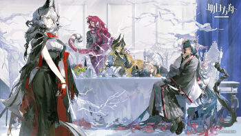 1boy 4girls animal_ears arknights bird_ears black_dress black_hair black_kimono blunt_bangs character_request chest_sarashi copyright_logo dress feather_hair flower gloves grey_eyes grey_hair hair_flower hair_ornament hair_over_one_eye hair_wings highres indoors japanese_clothes keph_(arknights) kimono koshelna_(arknights) krab_(fumekrab) leopard_boy leopard_ears logo long_hair looking_at_viewer mio_(arknights) morpheus_(arknights) multiple_girls official_art one_eye_covered purple_hair red_gloves sarashi single_extra_arm sitting sword tragodia_(npc)_(arknights) two-tone_kimono wakizashi weapon white_kimono