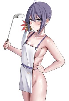 1girl absurdres ahoge akebono_(kancolle) alternate_costume apron ass bell blush breasts cleavage collarbone commentary commentary_request cowboy_shot double-parted_bangs english_commentary flower from_side hair_bell hair_between_eyes hair_flower hair_ornament hand_on_own_hip highres holding holding_ladle kantai_collection ladle long_hair looking_at_viewer mixed-language_commentary naked_apron parted_lips purple_eyes purple_hair red_flower side_ponytail sideboob sidelocks simple_background small_breasts solo standing tf_cafe white_apron white_background