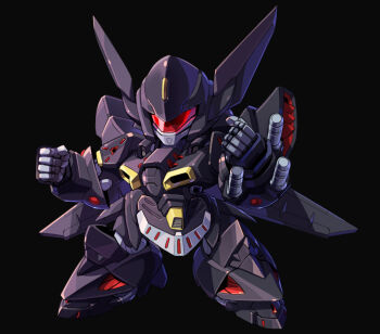 assault_visor black_background chibi clenched_hands commentary english_commentary full_body gespenst mecha mecha_focus no_humans red_visor robot science_fiction simple_background solo standing super_robot_wars super_robot_wars_original_generation taedu