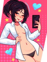 Rule 34 | 1girl, absurdres, black eyes, black hair, black panties, breasts, dutch angle, heart, highres, holding, holding phone, looking at viewer, navel, no pants, one eye closed, open clothes, open shirt, original, panties, phone, pixel art, shirt, solo, tongue, tongue out, underwear, white shirt, yumykon