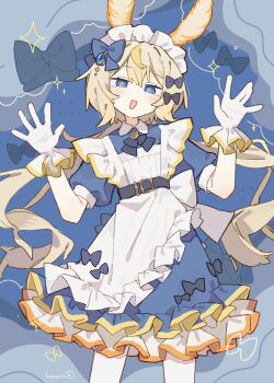 1girl :d absurdres animal_ears apron artist_name belt black_belt black_bow blonde_hair blue_background blue_bow blue_dress blue_eyes bow bright_pupils collared_dress commentary_request cowboy_shot dot_nose double-parted_bangs dress dress_bow flipped_hair frilled_apron frilled_dress frilled_gloves frills gloves hair_between_eyes hair_bow hands_up head_tilt high_belt highres komerina light_blush long_hair looking_at_viewer low_twintails maid maid_apron maid_headdress multicolored_hair multiple_hair_bows open_mouth orange_trim original personification puffy_short_sleeves puffy_sleeves sea_slug_ears sea_slug_girl short_dress short_sleeves sidelocks smile solo standing star_(symbol) streaked_hair twintails very_long_hair waist_apron white_apron white_gloves white_headdress yellow_trim