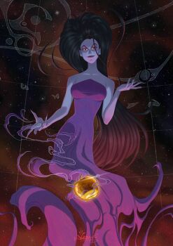 1girl apple artnikita bare_shoulders black_hair dress eris_(sinbad) eyeshadow floating_hair food fruit golden_apple highres long_dress long_hair looking_at_viewer makeup purple_eyeshadow sinbad smile solo v-shaped_eyebrows very_long_hair