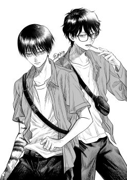 Rule 34 | 2boys, absurdres, belt, cigarette, commentary request, crossbody bag, glasses, greyscale, highres, hikaru ga shinda natsu, looking at viewer, male focus, mole, mole on cheek, mole under eye, mole under mouth, monochrome, mouth hold, multiple boys, multiple moles, open clothes, open shirt, osirisaldington, pants, scar, scar on arm, shirt, short hair, short sleeves, signature, simple background, slit pupils, tanaka (hikaru ga shinda natsu), teeth hold, tsujinaka yoshiki, white background