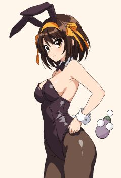 1girl adjusting_clothes adjusting_leotard animal_ears armpits artist_self-insert bare_shoulders black_bow black_bowtie black_leotard blush bow bowtie breasts brown_eyes brown_hair brown_pantyhose closed_mouth cowboy_shot detached_collar dot_nose eggplant fake_animal_ears fake_tail glasses hair_between_eyes hair_bow hairband highres large_breasts leotard looking_at_viewer medium_hair official_alternate_costume orange_bow orange_hairband pantyhose playboy_bunny rabbit_ears rabbit_tail round_eyewear sideboob simple_background solo split_mouth standing straight_hair strapless strapless_leotard suzumiya_haruhi suzumiya_haruhi_no_yuuutsu tail v-shaped_eyebrows wavy_mouth white_background wrist_cuffs yuiyu_ki