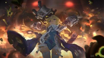 Rule 34 | 1girl, :o, arms up, bangboo (zenless zone zero), blonde hair, blue jacket, bomb, ethereal (zenless zone zero), explosion, explosive, fire, garter straps, gloves, grey hat, hands up, hat, hozure, jacket, large hat, long hair, looking at viewer, norma hollowell, nuclear weapon, open mouth, purple eyes, shako cap, smoke, thighhighs, white garter straps, white gloves, white thighhighs, zenless zone zero