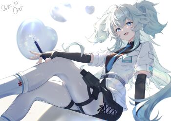 1girl absurdres black_gloves black_skirt blue_eyes blue_hair blue_necktie boots commentary_request dated fingerless_gloves florence_(girls&#039;_frontline_2) girls&#039;_frontline girls&#039;_frontline_2:_exilium gloves heart heart-shaped_pupils highres hojumari holding holding_syringe jacket long_hair looking_at_viewer necktie open_mouth pa-15_(girls&#039;_frontline) pantyhose side-tie_skirt simple_background sitting skirt smile solo symbol-shaped_pupils syringe teeth two_side_up upper_teeth_only white_background white_boots white_jacket white_pantyhose