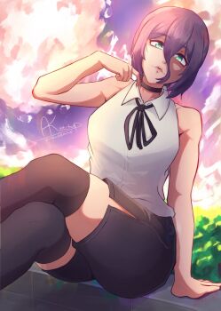 Rule 34 | 1girl, arm support, black choker, black ribbon, black shorts, black thighhighs, blue sky, breasts, chainsaw man, choker, cloud, cloudy sky, commentary, crossed legs, green eyes, grenade pin, hair between eyes, highres, large breasts, looking at viewer, meashketchup, neck ribbon, outdoors, purple hair, reze (chainsaw man), ribbon, shirt, shorts, sitting, sky, sleeveless, sleeveless shirt, solo, thighhighs, white shirt