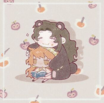 Rule 34 | 2girls, :3, animal costume, animal ears, apple costume, bear costume, bear ears, book, brown hair, chibi, closed eyes, closed mouth, freckles, green eyes, holding, holding book, ishmael (project moon), limbus company, long hair, multiple girls, parted bangs, project moon, reading, rodion (project moon), sitting, smile, very long hair, yesheng zong ren