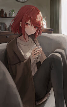 1girl alternate_costume black_leggings blanket book casual closed_mouth couch cup curtains highres holding holding_cup indoors knees_up leggings light_blush light_smile looking_at_viewer on_couch pyra_(xenoblade) red_eyes red_hair shiroshiroghost short_hair sitting sleeves_past_wrists solo steam sweater swept_bangs table white_sweater window xenoblade_chronicles_(series) xenoblade_chronicles_2