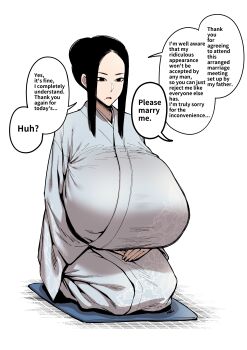 1girl absurdres black_eyes black_hair breast_focus breasts english_text f.w.zholic full_body gigantic_breasts half-closed_eyes highres huge_breasts japanese_clothes jimiko kimono long_hair looking_down marriage_proposal mole mole_under_mouth open_mouth original pale_skin sagging_breasts simple_background sitting straight_hair surprised tagme talking tongue visible_ears white_background