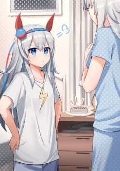 2girls absurdres animal_ears bed blue_eyes blue_hairband blue_pants blue_shirt blush closed_mouth commentary_request donut ear_covers food grey_hair hair_between_eyes hairband hands_on_own_hips headband highres horse_ears horse_girl lamp lightning_bolt_print lightning_bolt_symbol long_hair looking_at_another multicolored_hairband multiple_girls nightstand oguri_cap_(umamusume) ooeyama pajamas pants plate polka_dot red_headband shirt short_sleeves striped_clothes striped_hairband tamamo_cross_(umamusume) two-tone_hairband umamusume white_shirt