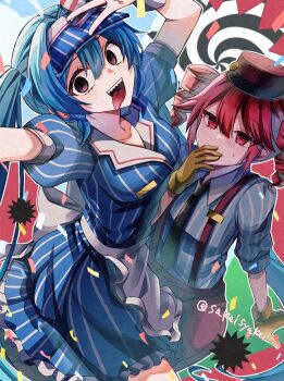 2girls apron black_eyes black_necktie blue_hair blue_shirt breasts confetti dress drill_hair frilled_skirt frills gloves hand_to_own_mouth hat hatsune_miku highres kasane_teto long_hair looking_at_another looking_at_viewer maid_apron medium_breasts medium_skirt mesmerizer_(vocaloid) multiple_girls necktie open_mouth pants pinstripe_dress pinstripe_pattern red_eyes red_hair red_hat red_pants sakaisyakai sharp_teeth shirt short_sleeves skirt small_breasts spiral striped_clothes striped_shirt suspenders teeth tongue tongue_out turn_pale twin_drills twintails utau vertical-striped_clothes vertical-striped_shirt visor_cap vocaloid white_wrist_cuffs wrist_cuffs yellow_gloves