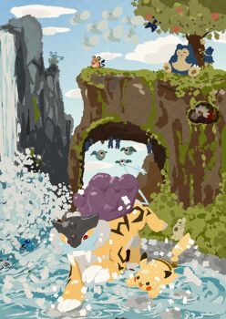 absurdres animal_focus apple bat_(animal) beak bird blue_sky braviary bush claws cliff closed_mouth cloud dedenne dragonair fangs flying food fruit gen_1_pokemon gen_2_pokemon gen_3_pokemon gen_4_pokemon gen_5_pokemon gen_6_pokemon heart heart-shaped_pupils heracross highres hitmontop horns joltik legendary_pokemon munchlax nintendo no_humans open_mouth outdoors pikachu pink_eyes pokemon pokemon_(creature) pokemon_focus poliwag raikou red_eyes rufflet shroomish single_horn sky smile snorlax swablu symbol-shaped_pupils tail tree upside-down water waterfall wings woobat zozozoshion zubat