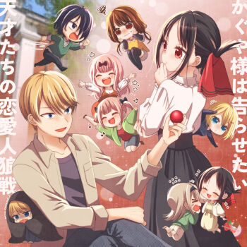 2boys 6+girls alternate_costume black_hair black_pants black_skirt blush brown_eyes brown_hair brown_shirt chibi chocotomamenoki closed_mouth fujiwara_chika fujiwara_moeha green_sweater hair_ribbon hayasaka_ai highres iino_miko ishigami_yuu kaguya-sama_wa_kokurasetai_~tensai-tachi_no_renai_zunousen~ long_hair long_sleeves multicolored_background multiple_boys multiple_girls open_clothes open_shirt pants parted_bangs red_eyes red_ribbon ribbon running shinomiya_kaguya shirogane_kei shirogane_miyuki shirt shirt_tucked_in skirt smile squiggle sweat sweater thighhighs translation_request