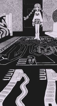 1girl bed bed_sheet bedroom boots braid closed_mouth commentary crt door english_commentary expressionless game_console greyscale highres indoors kalimba_(yume_nikki) long_hair looking_to_the_side madotsuki monochrome perspective print_skirt print_sweater rug sidelocks skirt solo standing static sweater television twin_braids very_long_hair yume_nikki zozoru