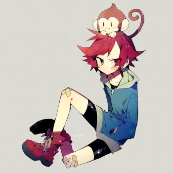 1girl animal animal_on_head bandaid bandaid_on_cheek bandaid_on_face bandaid_on_knee bandaid_on_leg blue_hoodie higa423 highres hood hoodie kumatora monkey mother_(series) mother_3 nintendo on_head pink_hair salsa_(mother) short_hair shorts spiked_hair yellow_eyes